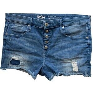 Mossimo Womens Button-Fly Jean Shorts Raw Hem Denim Sz 16 Blue Stretch High Rise